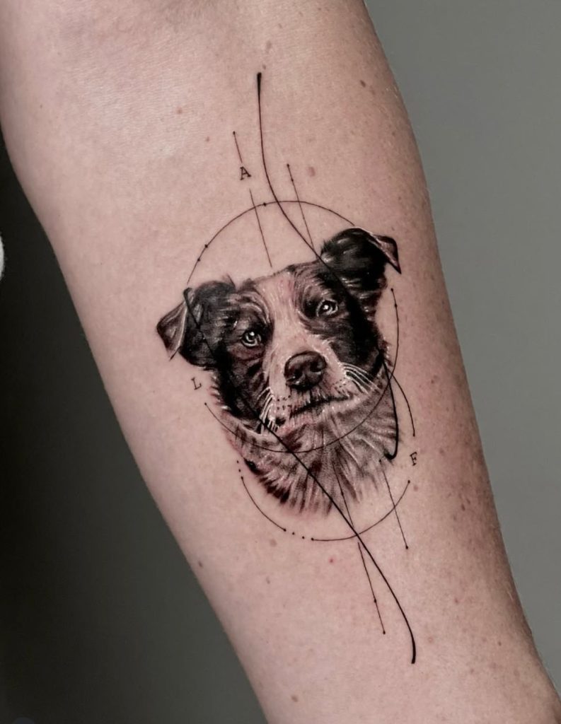 Concept Piece Tattoo: Hund mit Kompass und Geometrie